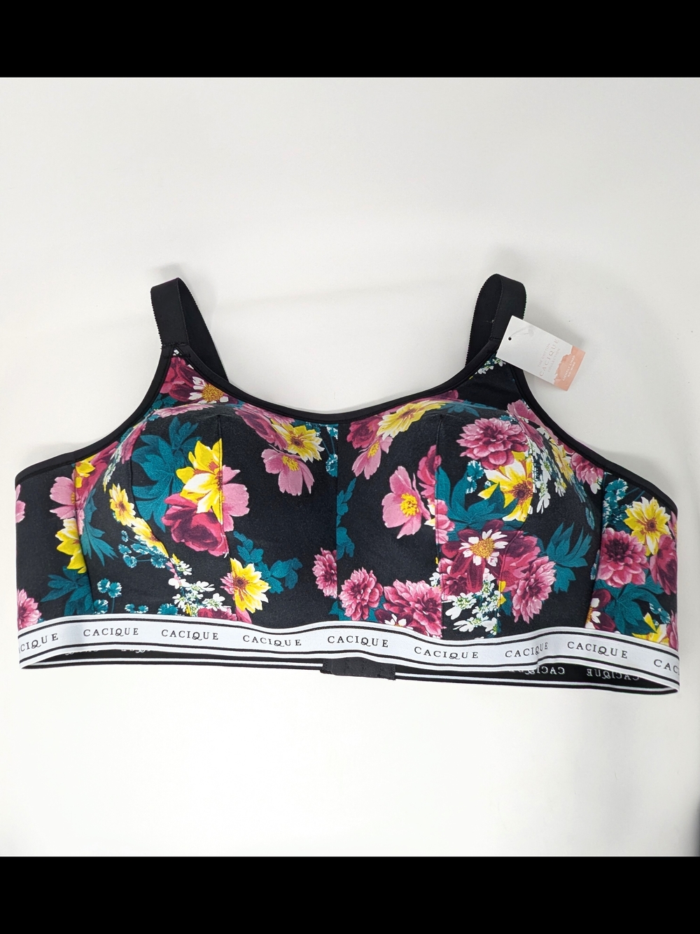 Cacique Black Floral Lightly Lined Wireless Bra with Pink and Yellow